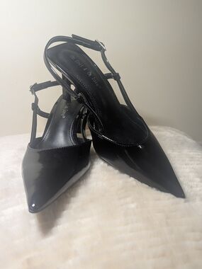 On Feet & In Love Black Patent Pointed Toe T-Strap Heels